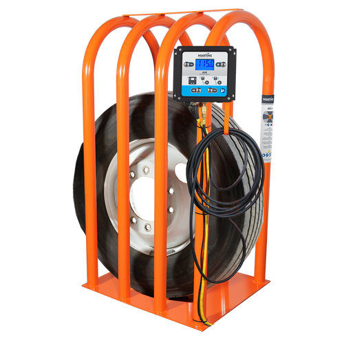Martins Industries MIC-4-KIT 4-Bar Tire Inflation Cage with automatic inflator display and truck tire inside, orange steel frame
