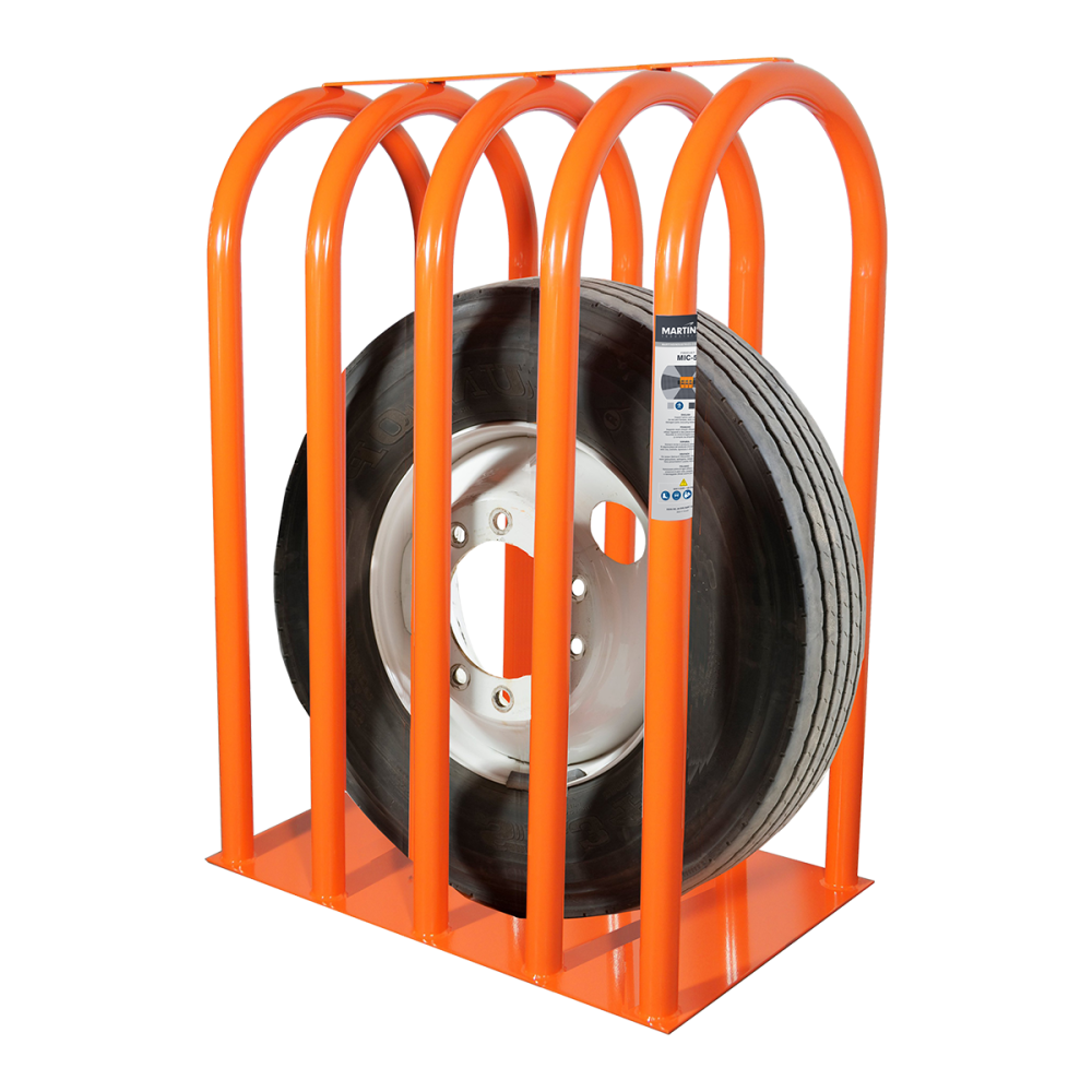 Martins Industries MIC-5 5-Bar Tire Inflation Cage with truck tire seated inside orange steel frame