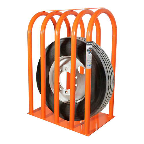 Martins Industries MIC-5 5-Bar Tire Inflation Cage with truck tire seated inside orange steel frame