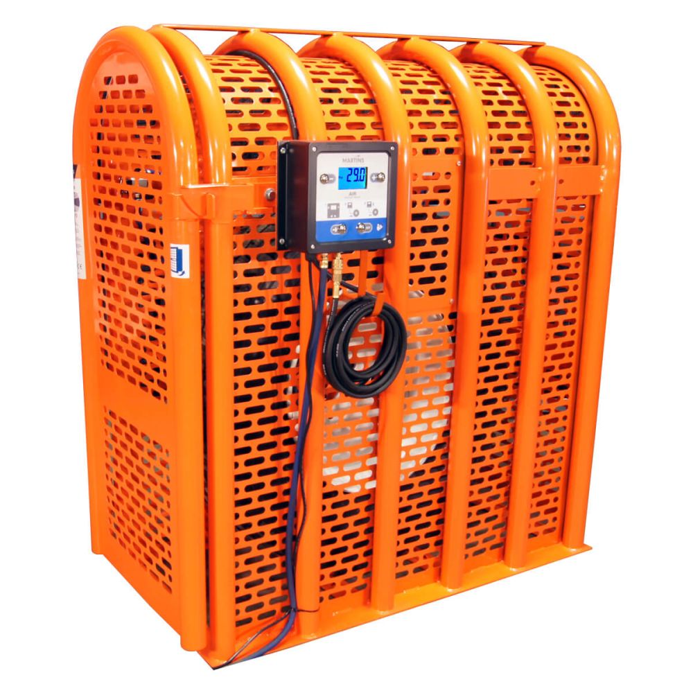 Martins Industries MIC-6HD-KIT 6-Bar HD Tire Inflation Cage with automatic inflator mounted, orange powder coat, front view
