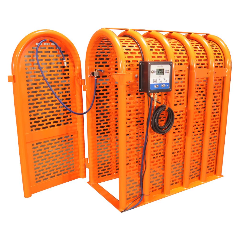 Martins Industries MIC-6HD-KIT 6-Bar HD Tire Inflation Cage with swing door open, orange powder coat, angled side view