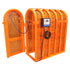 Martins Industries MIC-6HD-KIT 6-Bar HD Tire Inflation Cage with swing door open, orange powder coat, angled side view