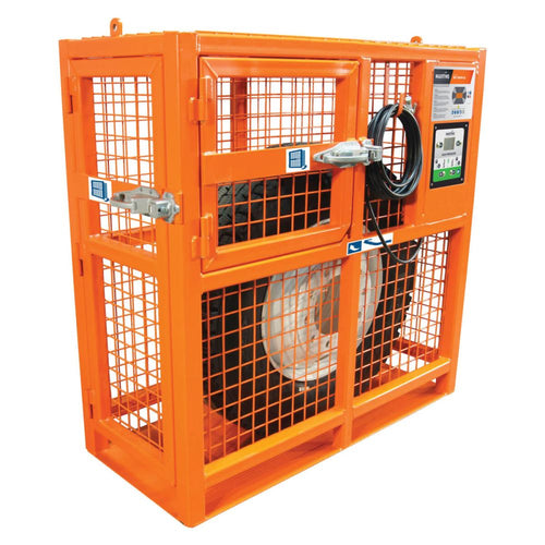 Martins Industries MIC-AUHD-52 52" Automatic HD Tire Inflation Safety Cage in orange powder-coated steel with wire mesh walls and a tire locked inside