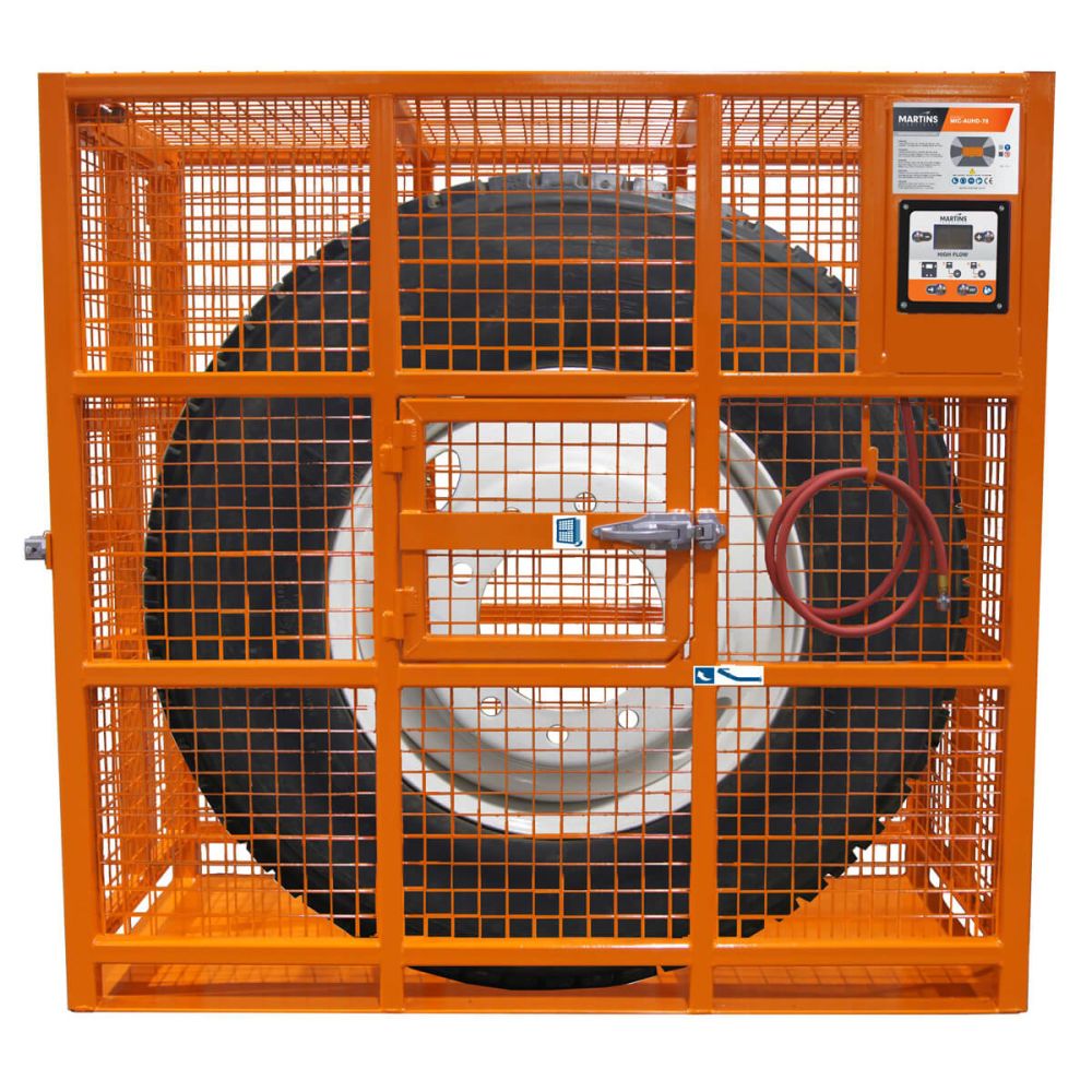 Martins Industries MIC-AUHD-78 78" Automatic HD Tire Inflation Cage with large OTR tire inside, orange powder-coated steel wire mesh