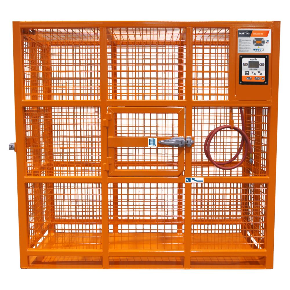 Martins Industries MIC-AUHD-78 78" Automatic HD Tire Inflation Cage empty view showing door latch, air hose, and digital control panel