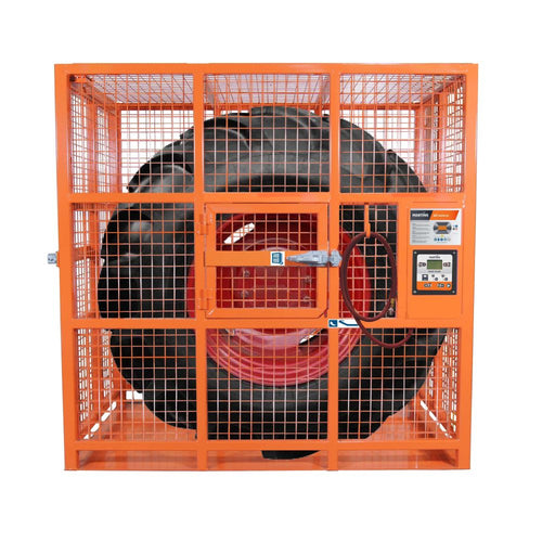 Martins Industries MIC-AUHD-82 82in Automatic HD OTR Tire Inflation Cage front view with large OTR tire inside orange steel mesh enclosure