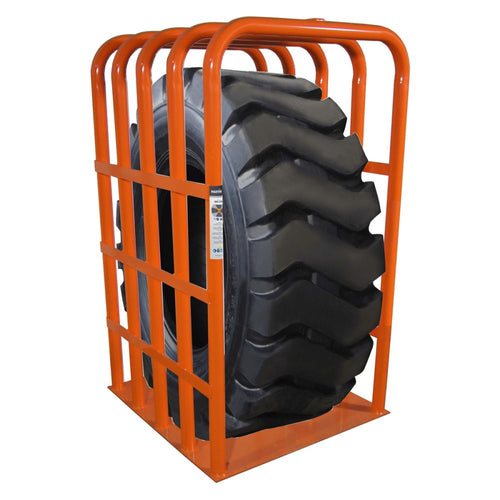 Martins Industries MIC-OTR OTR 5-Bar Tire Inflation Cage holding large OTR tire, orange powder coated steel