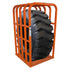 Martins Industries MIC-OTR OTR 5-Bar Tire Inflation Cage holding large OTR tire, orange powder coated steel
