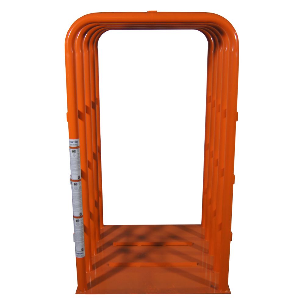 Martins Industries MIC-OTR OTR 5-Bar Tire Inflation Cage front view, orange powder coated steel, no tire