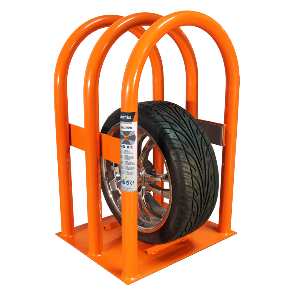 Martins Industries MIC-PCR 3-Bar Passenger Car & SUV Tire Inflation Cage in orange with tire inside