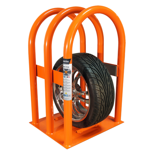 Martins Industries MIC-PCR 3-Bar Passenger Car & SUV Tire Inflation Cage in orange with tire inside