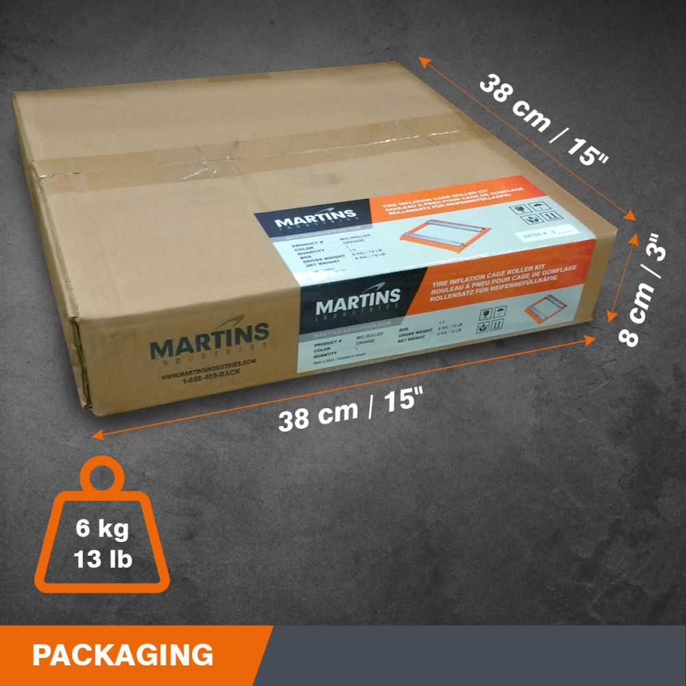 Martins Industries MIC-ROLLER packaging box with dimensions 15x15x3 inches and 6 kg gross weight label