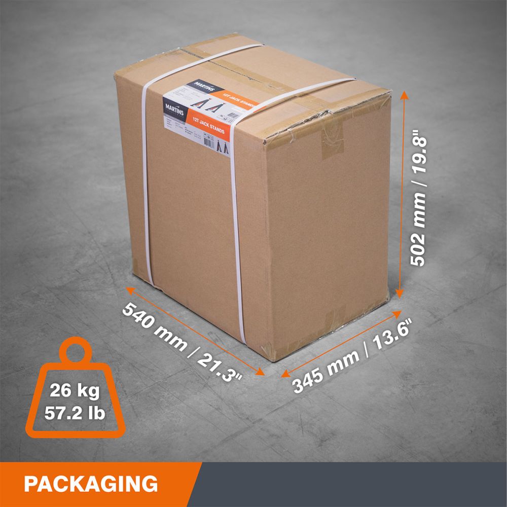 Martins Industries MJS-12T jack stands packaging with dimensions 540x345x502mm and weight 26 kg / 57.2 lb