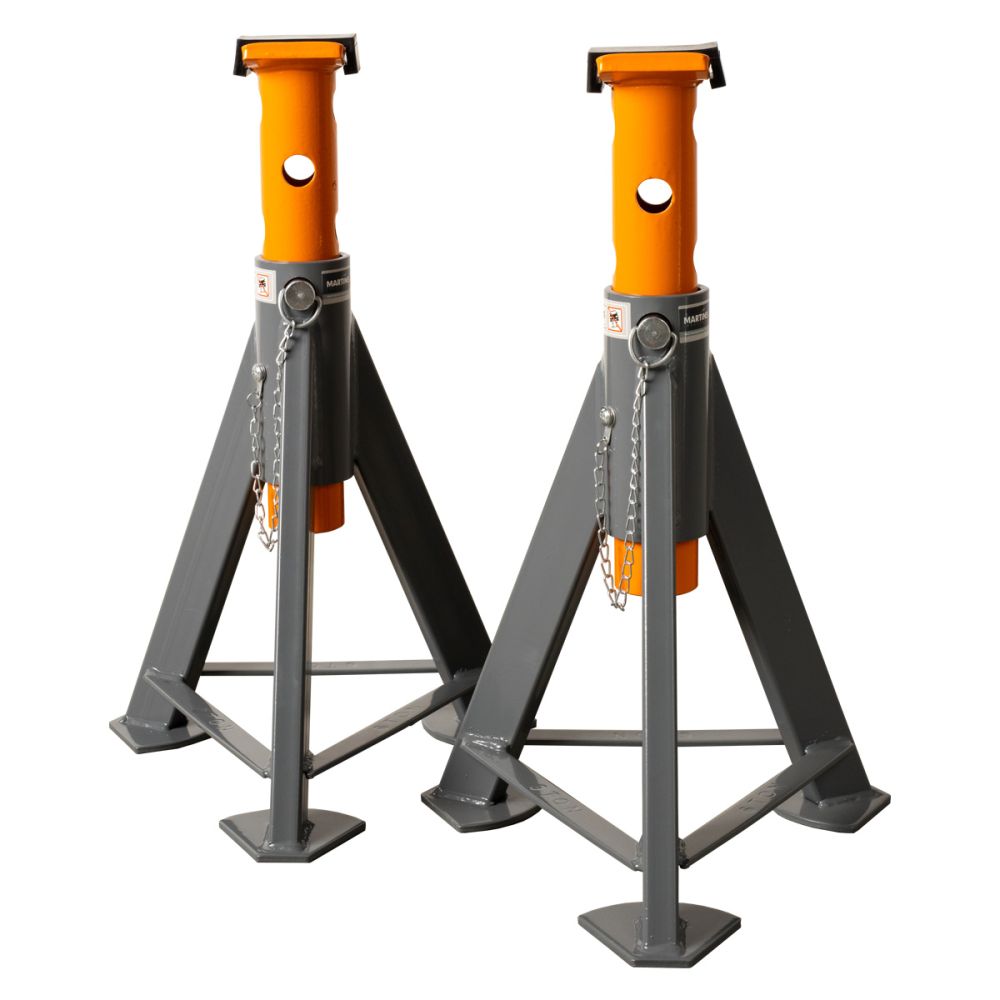 Martins Industries MJS-6T 6.6-Ton Pin Style Jack Stands pair, orange and grey steel construction on white background