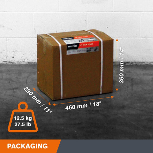 Martins Industries MJS-6T Jack Stands packaging box with dimensions 460x290x360mm and weight 12.5 kg / 27.5 lb