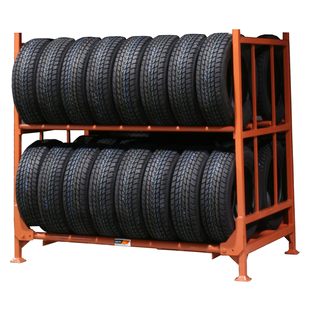 Martins Industries MLTFD Folding Tire Rack loaded with passenger and SUV tires, orange powder-coated steel frame, two-tier storage