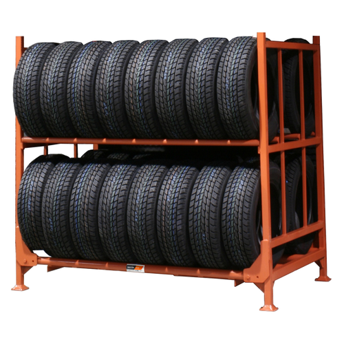 Martins Industries MLTFD Folding Tire Rack loaded with passenger and SUV tires, orange powder-coated steel frame, two-tier storage