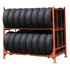 Martins Industries MLTFD Folding Tire Rack loaded with passenger and SUV tires, orange powder-coated steel frame, two-tier storage