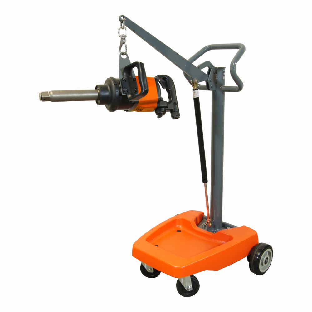 Martins Industries MMIWSS Impact Boom Mobile Impact Wrench Holder with orange tray base and gray steel boom arm on four casters