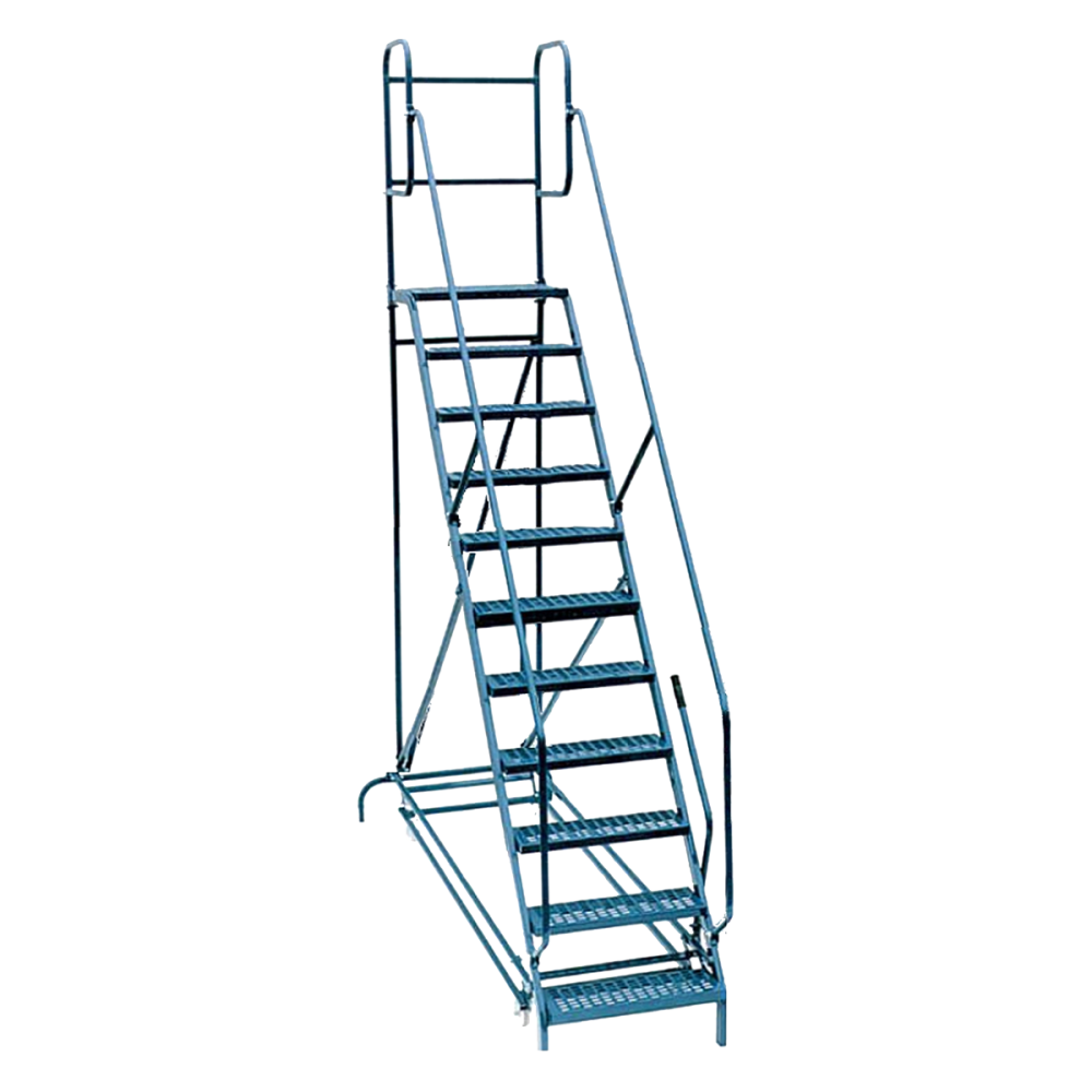 Martins Industries MML-10 10-Step Mobile Ladder for Tyre Rack, full view showing steel frame, grip steps, two handrails, and pull-n-roll wheel system