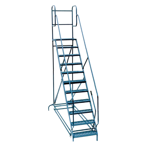 Martins Industries MML-10 10-Step Mobile Ladder for Tyre Rack, full view showing steel frame, grip steps, two handrails, and pull-n-roll wheel system