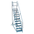 Martins Industries MML-10 10-Step Mobile Ladder for Tyre Rack, full view showing steel frame, grip steps, two handrails, and pull-n-roll wheel system