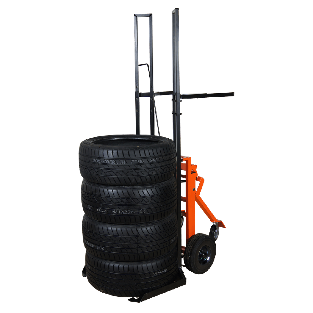 Martins Industries MPTC Tire Rider Ergonomic Tire Cart loaded with 4 tires, vertical position, black and orange steel frame