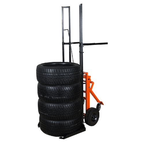 Martins Industries MPTC Tire Rider Ergonomic Tire Cart loaded with 4 tires, vertical position, black and orange steel frame