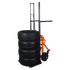 Martins Industries MPTC Tire Rider Ergonomic Tire Cart loaded with 4 tires, vertical position, black and orange steel frame