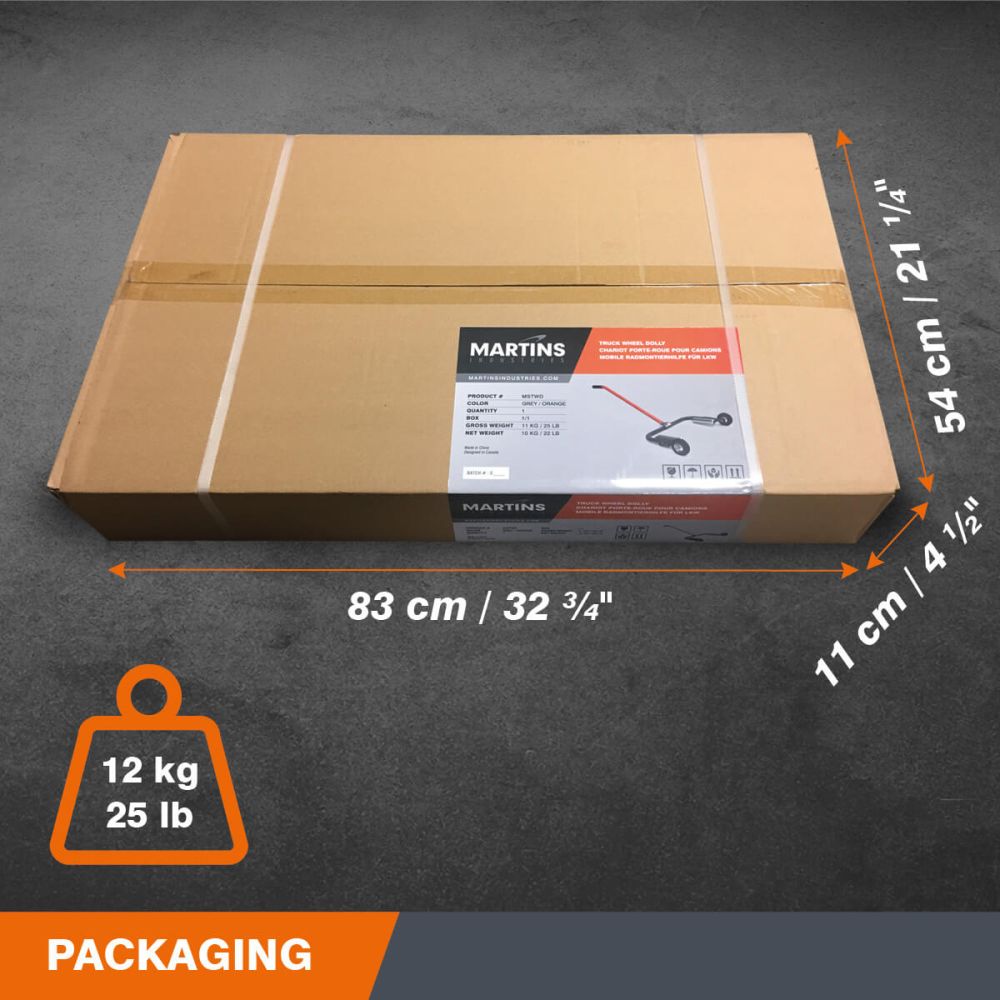 Martins Industries MSTWD Truck Wheel Dolly packaging box with dimensions 32.75" x 21.25" x 4.5" and 25 lb gross weight