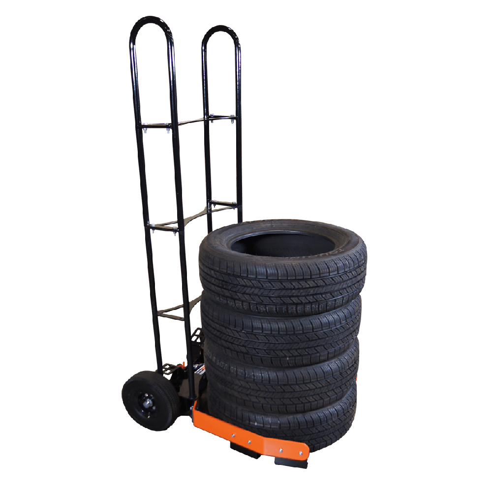 Martins Industries MTC Tire Rider Tuff Tire Cart loaded with four tires, black and orange steel frame with flat-free wheels
