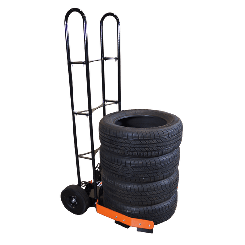 Martins Industries MTC Tire Rider Tuff Tire Cart loaded with four tires, black and orange steel frame with flat-free wheels
