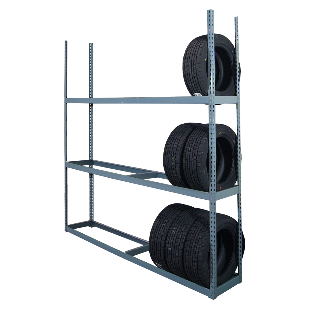Martins Industries MTSR-3 3-Tier Tire Storage Rack with tires partially loaded on each shelf