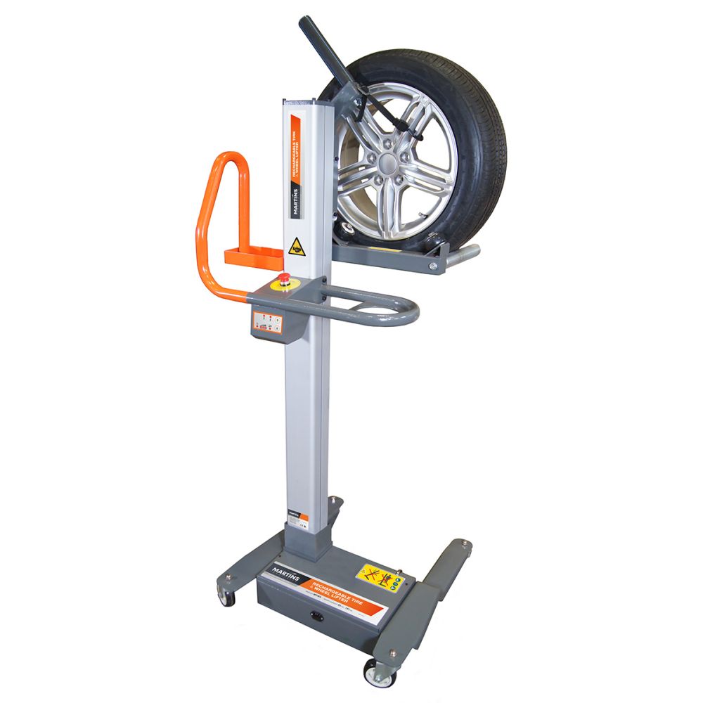 Martins Industries MTWL Power Lifter holding a tire and wheel assembly, gray and orange