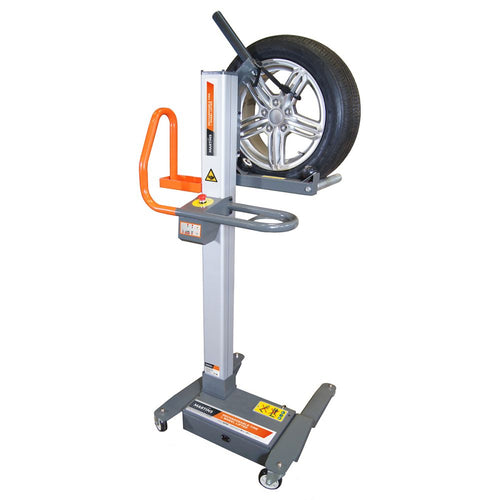 Martins Industries MTWL Power Lifter holding a tire and wheel assembly, gray and orange