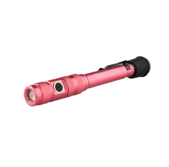 Maxxeon WorkStar 368 pink rechargeable LED penlight with bite cap attached