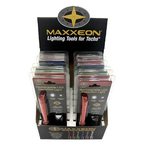 Maxxeon WorkStar Mixed Display 12-Pack Rechargeable Penlights USB-C retail display box