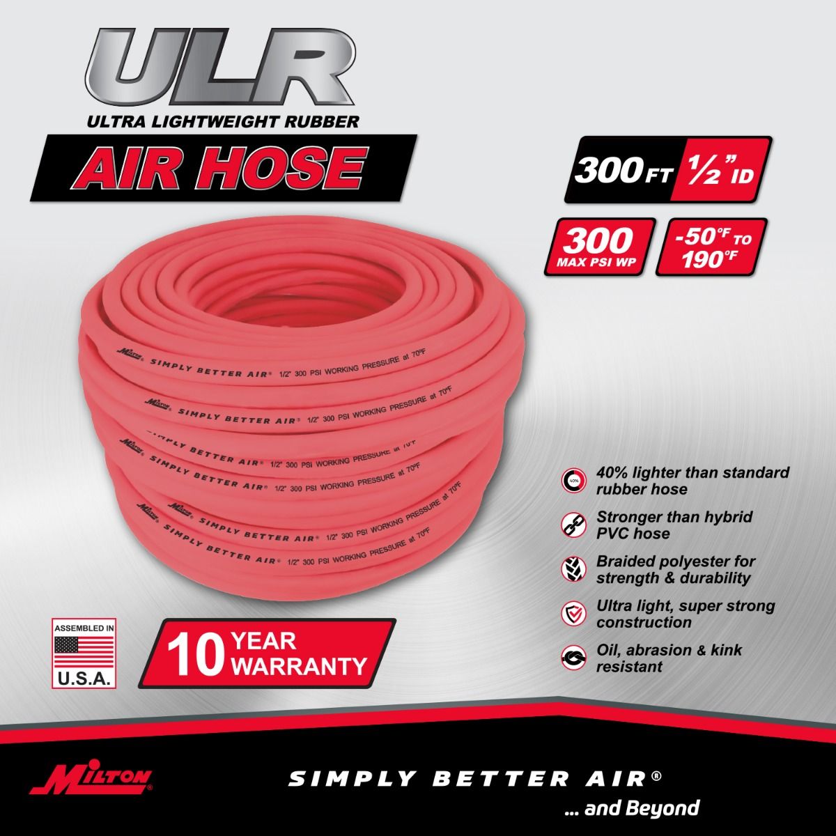 Milton Industries ULR12300BK 1/2" Ultra Lightweight Rubber Hose, 300' Bulk Hose with No Ends - MPR Tools & Equipment