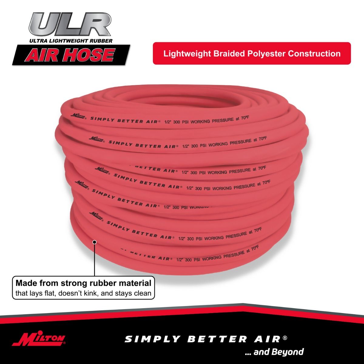 Milton Industries ULR12300BK 1/2" Ultra Lightweight Rubber Hose, 300' Bulk Hose with No Ends - MPR Tools & Equipment