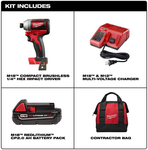 Milwaukee Tool 2850-21P SB M18 Compact Brushless Cordless 0.25 Inch Impact Driver Kit with 1 Battery - MPR Tools & Equipment