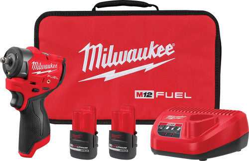 Milwaukee Tool 3049-22 M12 Fuel™ 3/8" Subcompact Impact Wrench with Friction Ring Anvil Kit, 225 FT-LBS, Includes 2 Batteries and 1 Charger