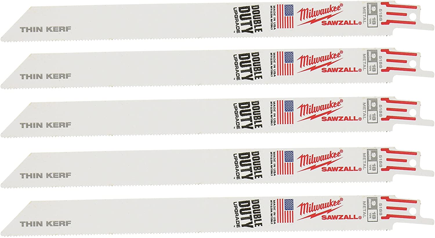 Milwaukee Tool 48-00-5188 9" x 18TPI Sawzall Blade for Metal Cutting 3/4 Height 5 Blades per Pack - MPR Tools & Equipment