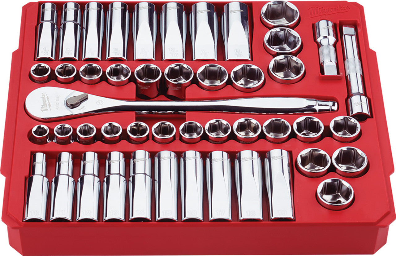 Milwaukee Tool 48-22-9010 47pc 1/2" Drive Metric & SAE Ratchet and Socket Set with FOUR FLAT™ Sides - MPR Tools & Equipment