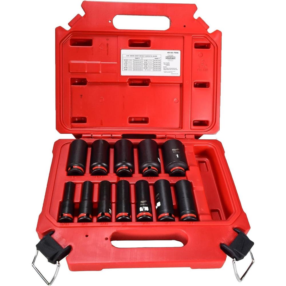 Milwaukee Tool 49-66-7006 12-PC 3/8" DRIVE, 6 PT. SAE DEEP IMPACT SOCKET SET, 5/16" – 1"