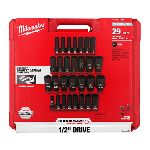 Milwaukee Tool 49-66-7016 29 pieces SHOCKWAVE™ Impact Duty™ 1/2" Drive SAE & Metric Deep 6 Point Socket Set - MPR Tools & Equipment