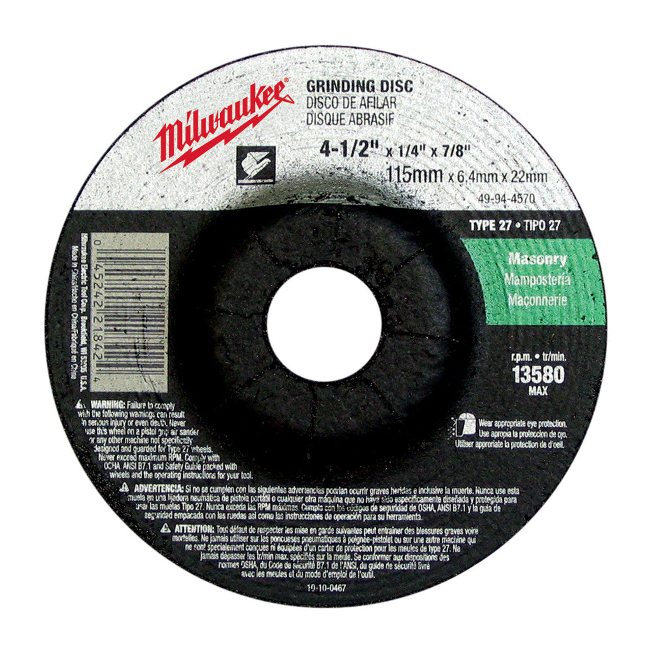 Milwaukee Tool 49-94-4570 Grinding Wheel 4-1/2" x 1/4" x 7/8" (Type 27) - MPR Tools & Equipment