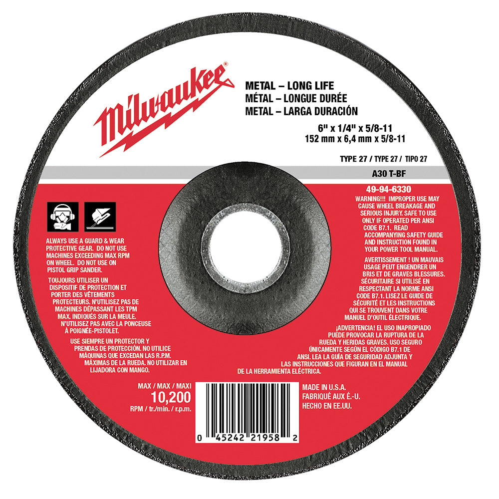 Milwaukee Tool 49-94-6330 6X1/4X5/8-11TYPE27METAL WHL BULK 5 - MPR Tools & Equipment