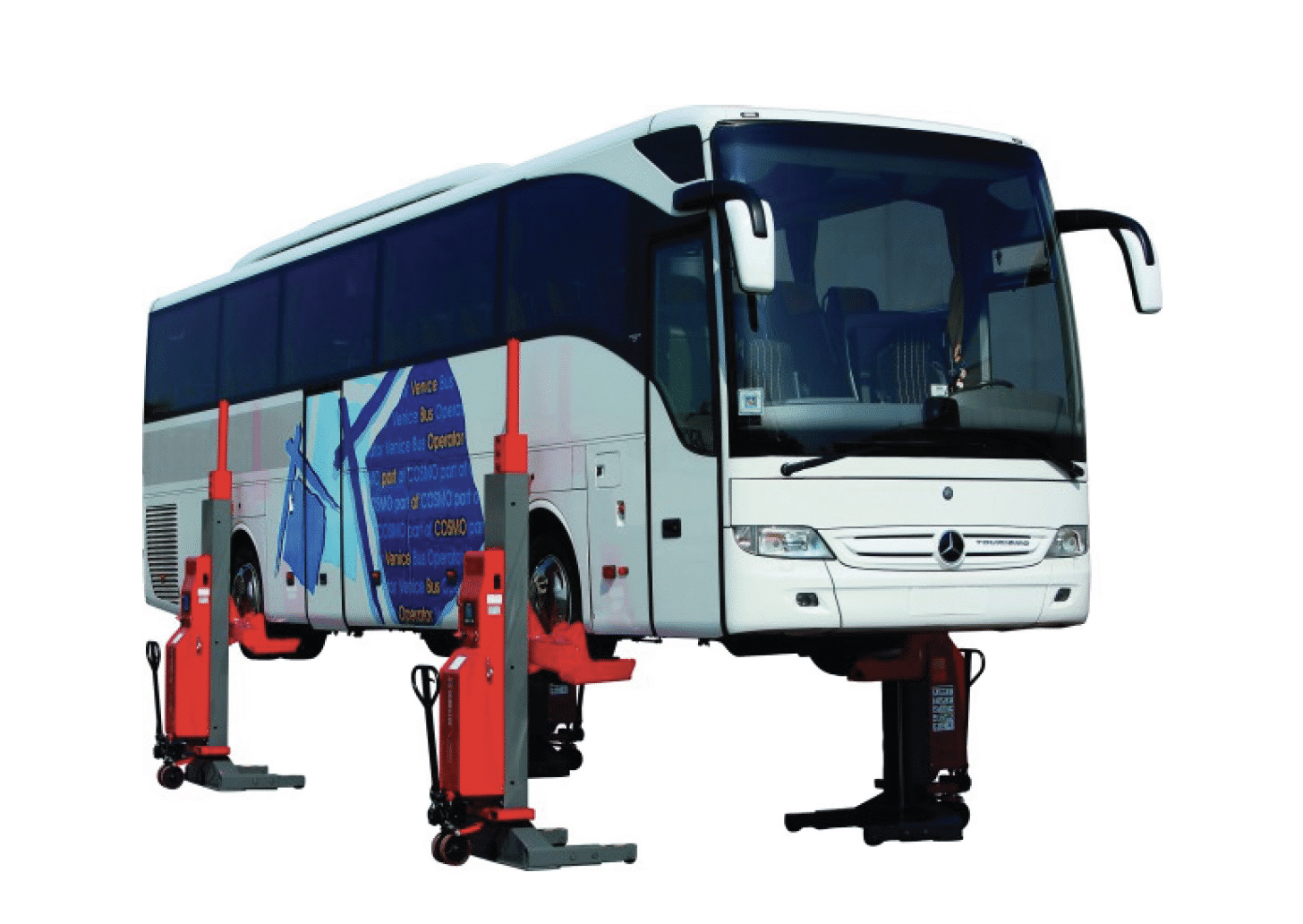 Coats Mobile Column Lift supporting a full-size Mercedes-Benz touring bus