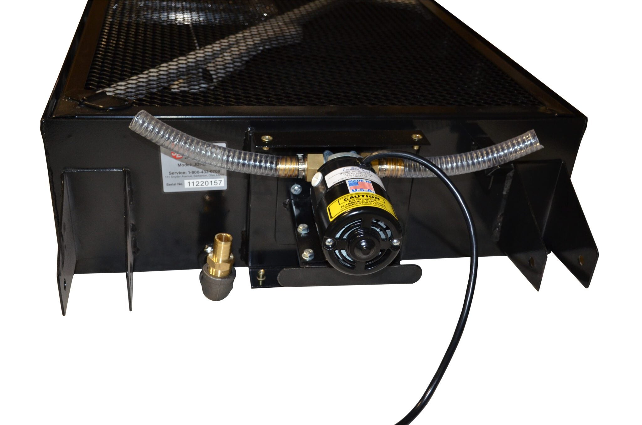 JohnDow Industries JDI-LP5 close-up of 110V electric pump motor mount and evacuation hose connections