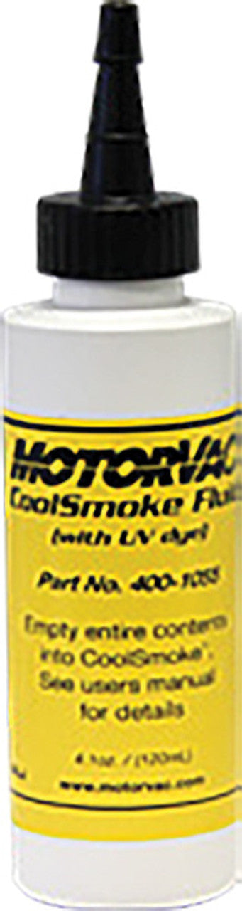 Motorvac 400-1055 Replacement CoolSmoke Fluid enhanced with UV Dye. 4 fl oz or 120mL bottle. One bottle can do up to 200 smoke applications. Price per bottle. - MPR Tools & Equipment